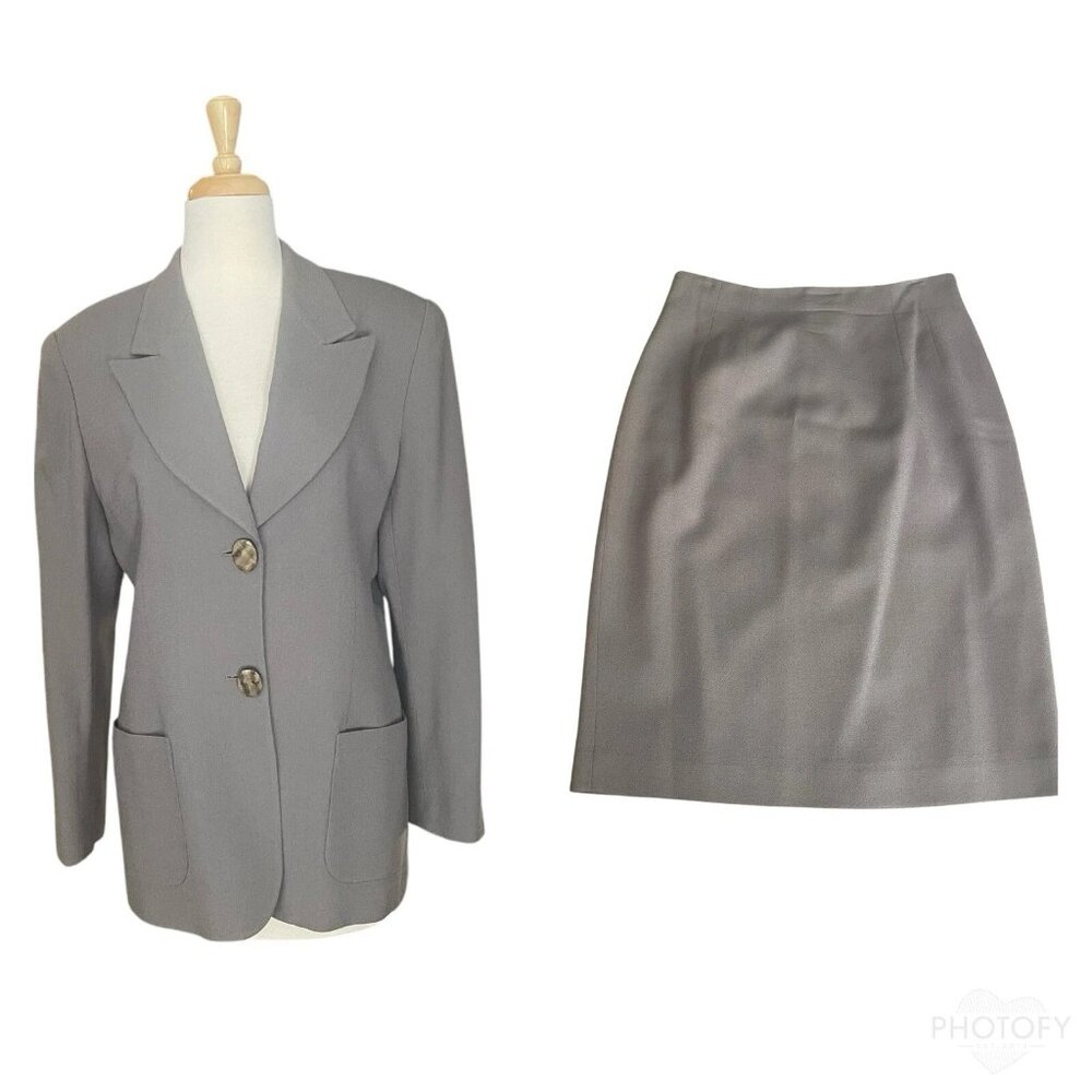 Vintage Christian Dior Women’s Grey Wool Blazer Jacket Skirt Suit Set Size 12